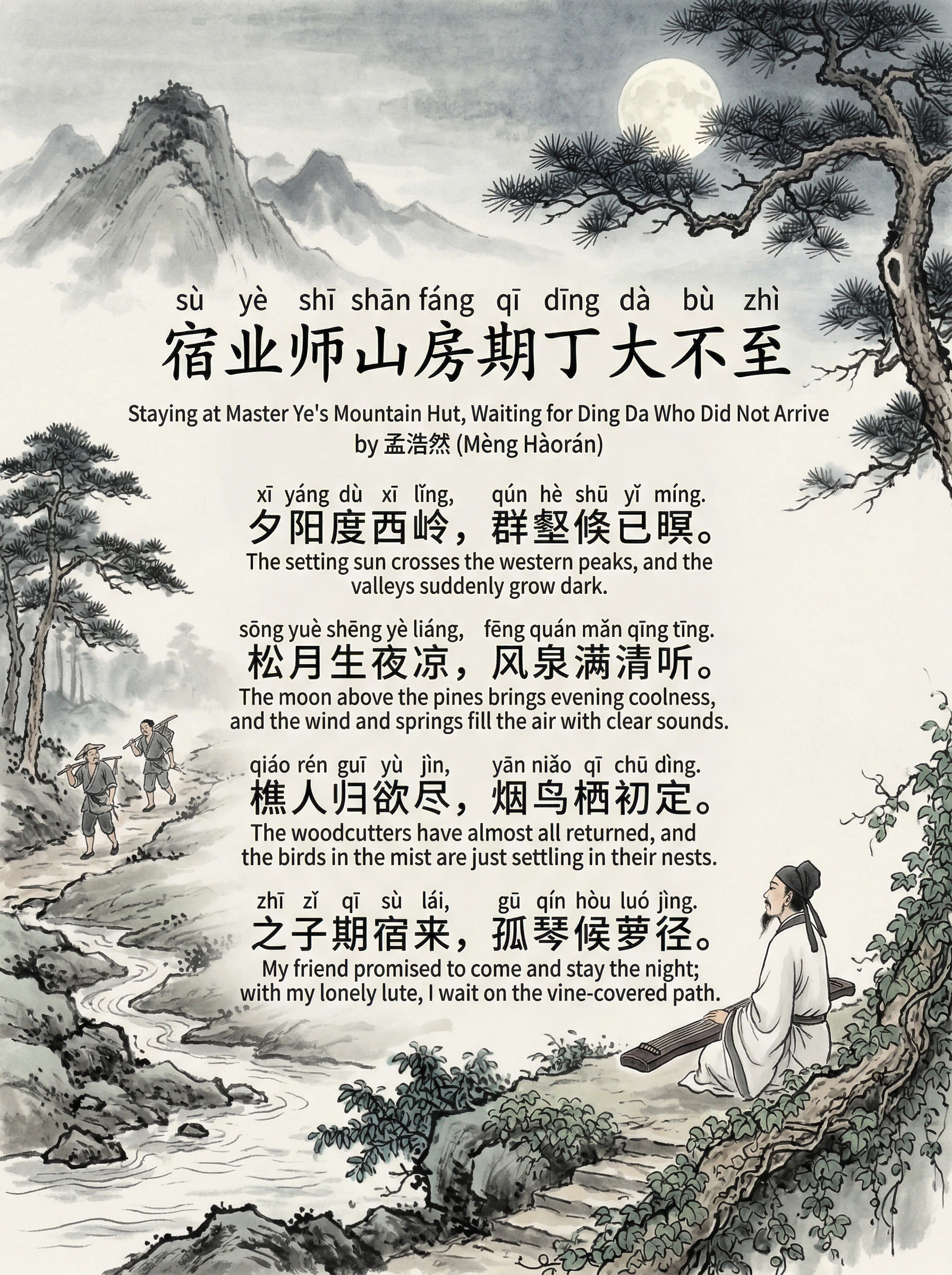 sù yè shī shān fáng qī dīng dà bù zhì 宿业师山房期丁大不至 Staying at Master Ye's Mountain Hut, Waiting for Ding Da Who Did Not Arrive