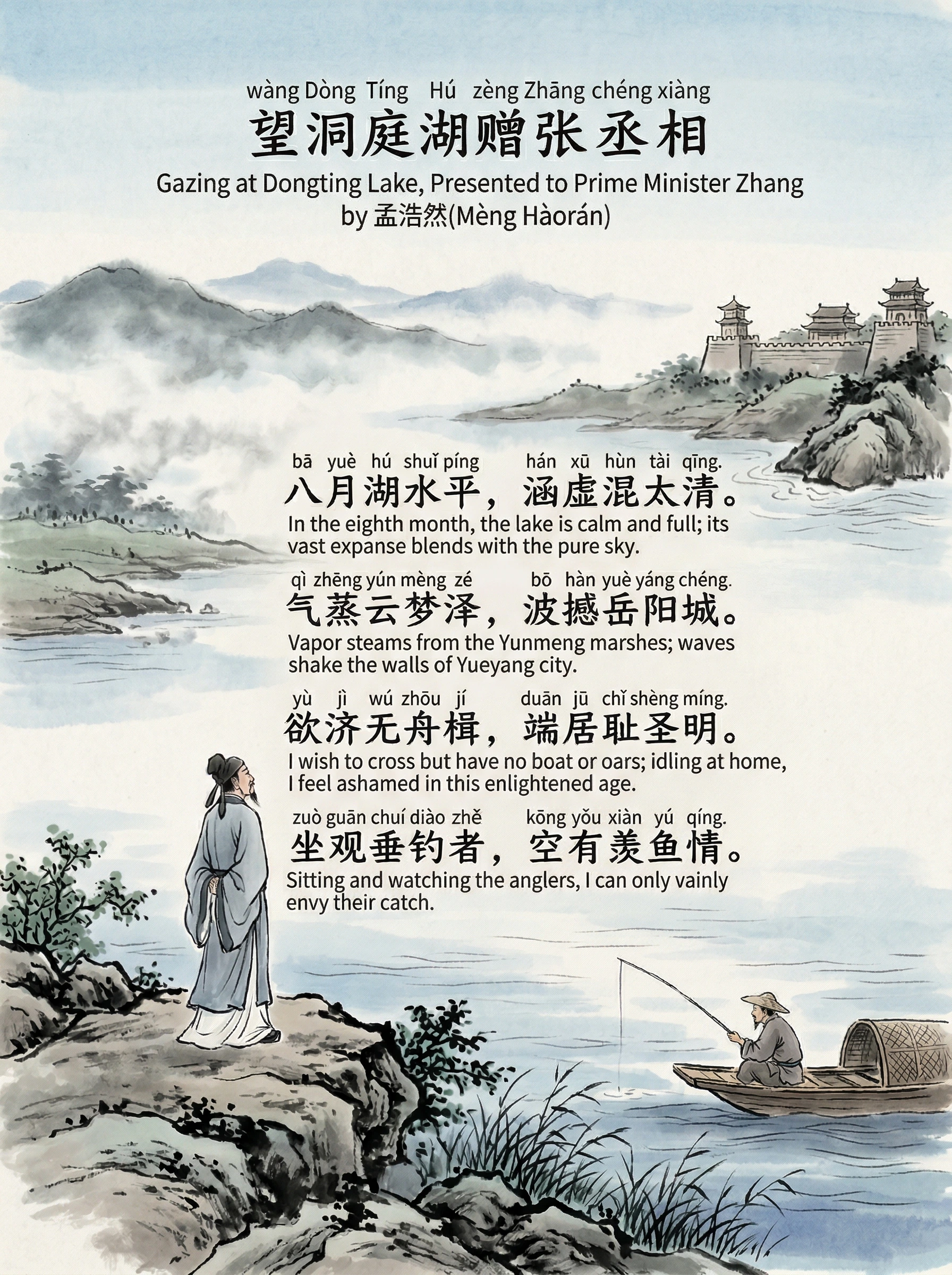 wàng Dòng Tíng Hú zèng Zhāng Chéng Xiàng 望洞庭湖赠张丞相 Gazing at Dongting Lake, Presented to Prime Minister Zhang