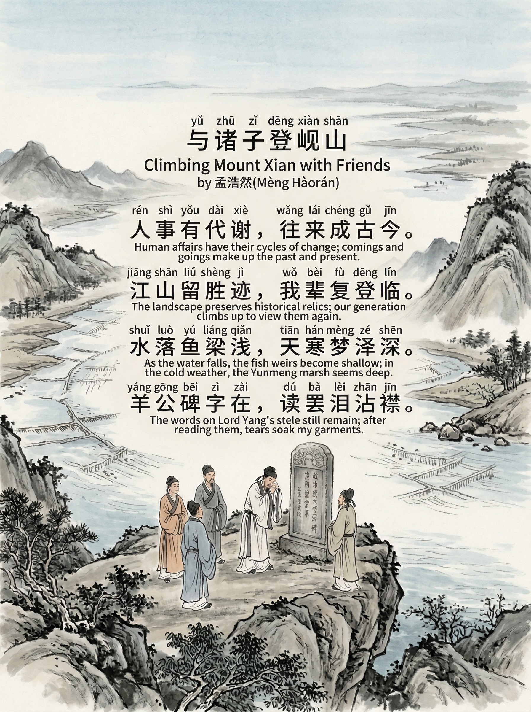 yǔ zhū zǐ dēng Xiàn Shān 与诸子登岘山 Climbing Mount Xian with Friends