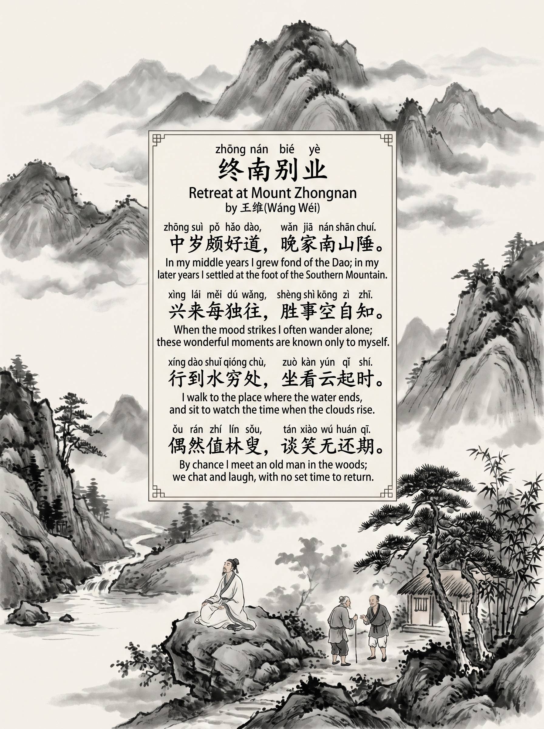 zhōng nán bié yè 终南别业 Retreat at Mount Zhongnan